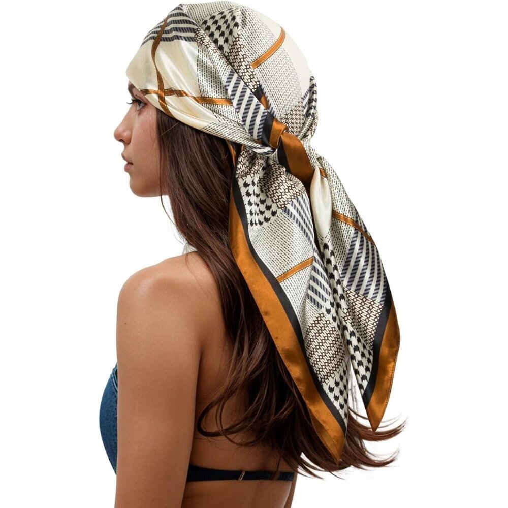 Women's Brown/Black Head Scarf Like Silk Printed Square Hair Bandanas 35 Inches - Picture 1 of 7